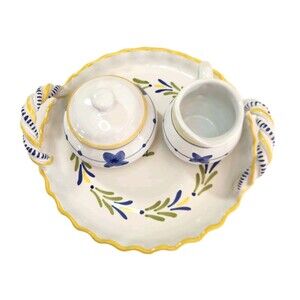 Italian Hand Painted Floral Pottery Tureen with Lid & Matching Serving Platter